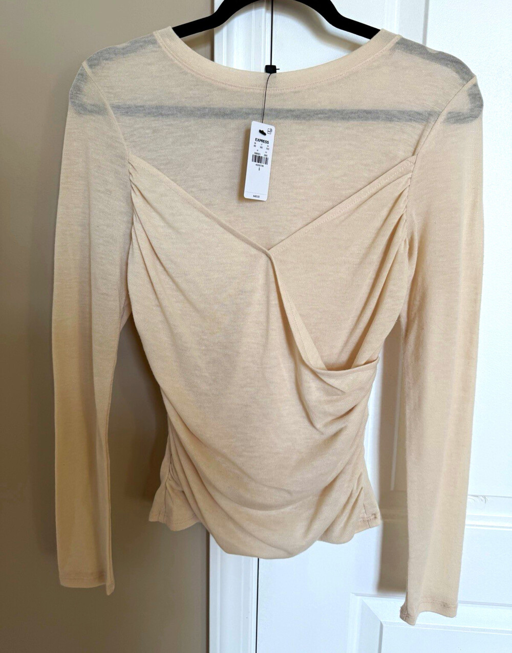 NWT Express Women's Beige Draped Knit Stretch Long Sleeve Top Size S
